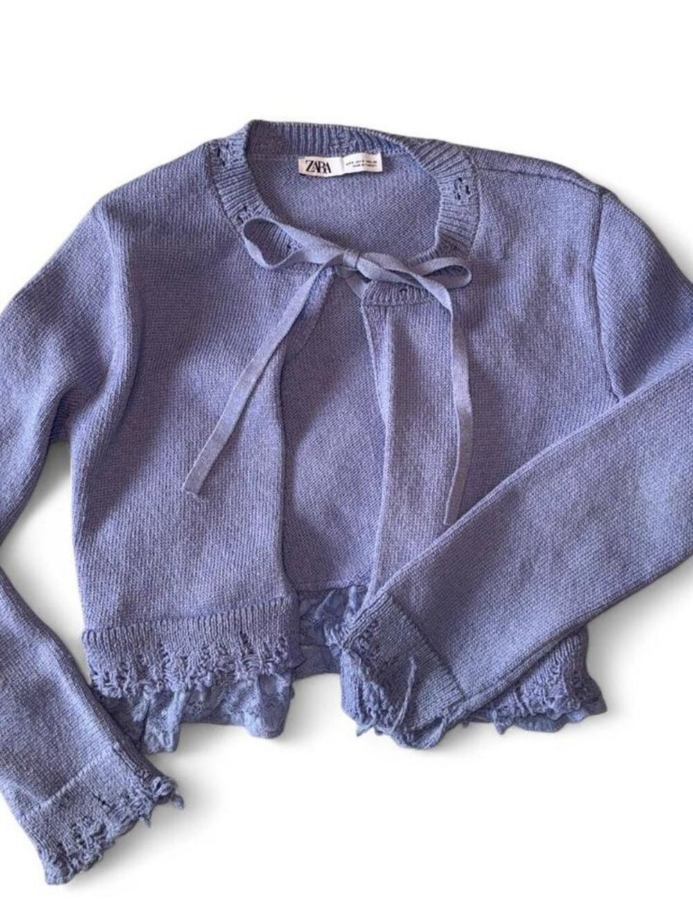 Zara lavender cropped cardigan lace trim bow
